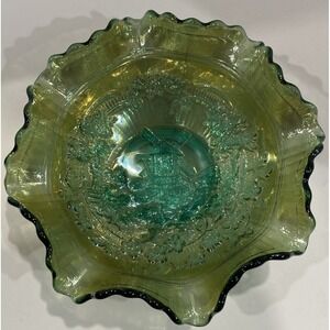 Vintage CARNIVAL GLASS Imperial Bowl Emerald Marigold WINDMILL W/Ruffles Green